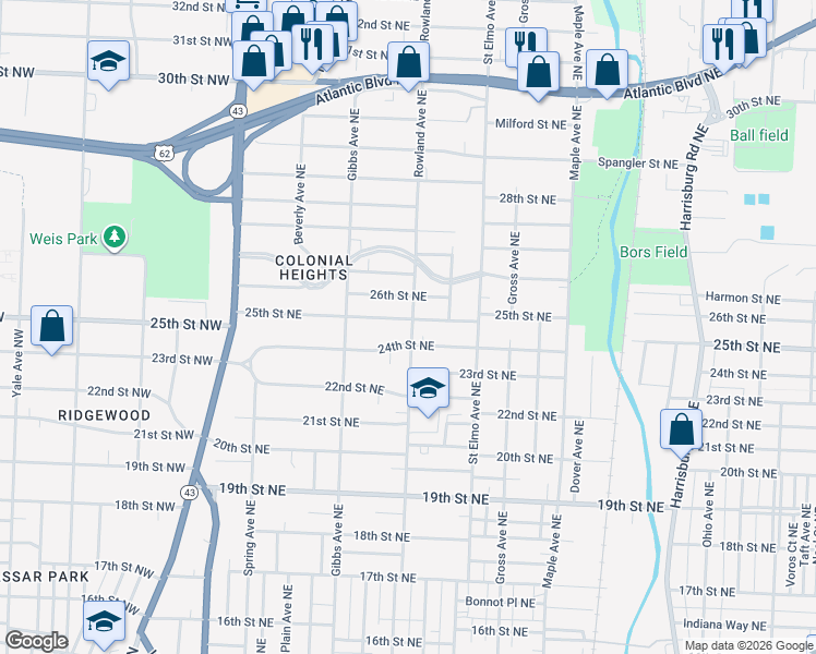 map of restaurants, bars, coffee shops, grocery stores, and more near 1230 25th Street Northeast in Canton