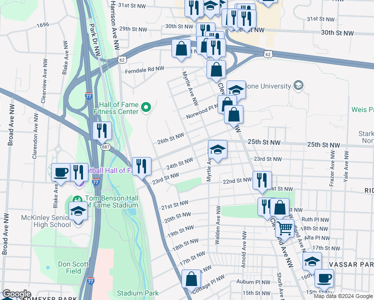 map of restaurants, bars, coffee shops, grocery stores, and more near 1520 25th Street Northwest in Canton