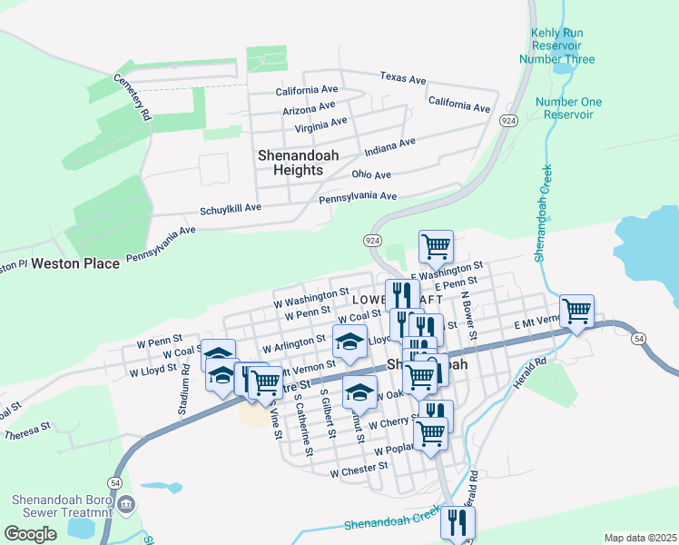 map of restaurants, bars, coffee shops, grocery stores, and more near 149 West Girard Avenue in Shenandoah
