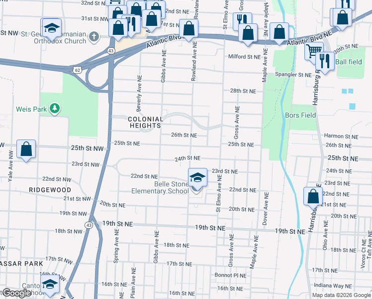 map of restaurants, bars, coffee shops, grocery stores, and more near 1221 25th Street Northeast in Canton
