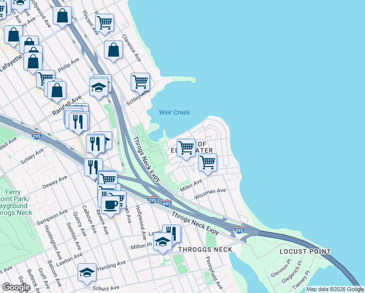 map of restaurants, bars, coffee shops, grocery stores, and more near in The Bronx