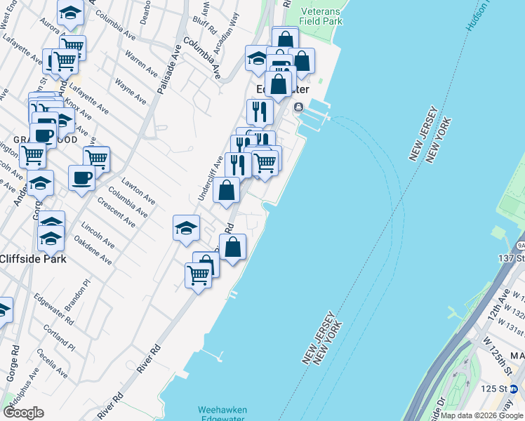 map of restaurants, bars, coffee shops, grocery stores, and more near 5 Grand Cove Way in Edgewater