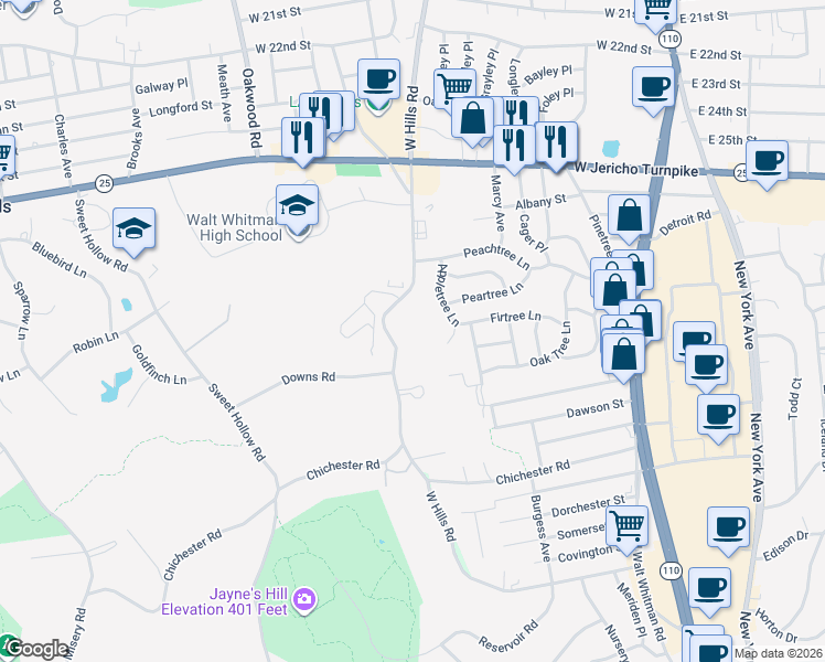 map of restaurants, bars, coffee shops, grocery stores, and more near 14 Appletree Lane in Huntington Station