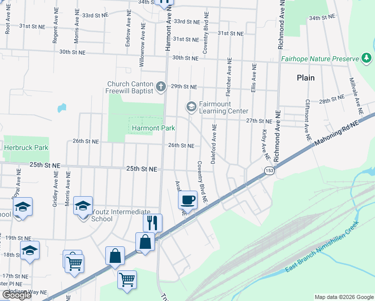 map of restaurants, bars, coffee shops, grocery stores, and more near 2551 Baldwin Avenue Northeast in Canton