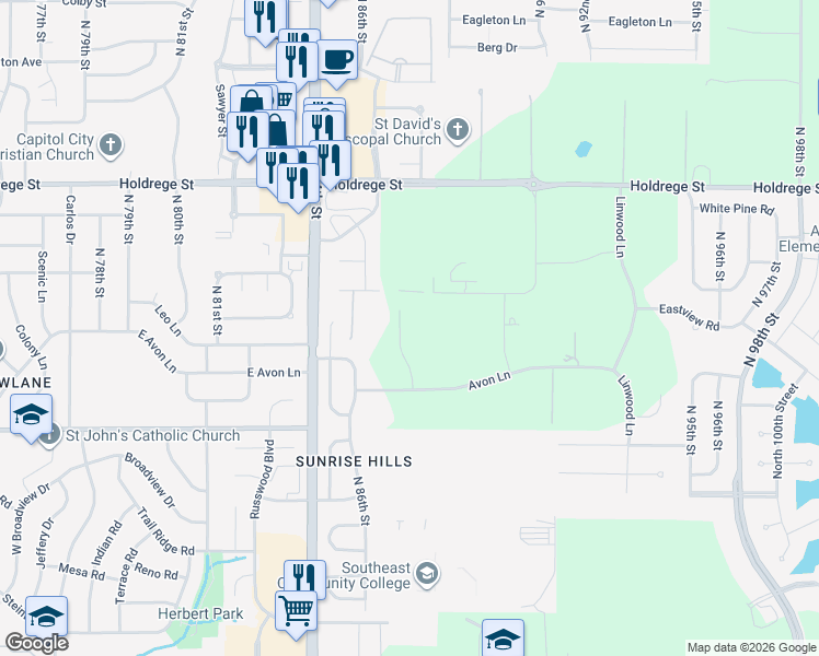 map of restaurants, bars, coffee shops, grocery stores, and more near 1000 North 88th Street in Lincoln