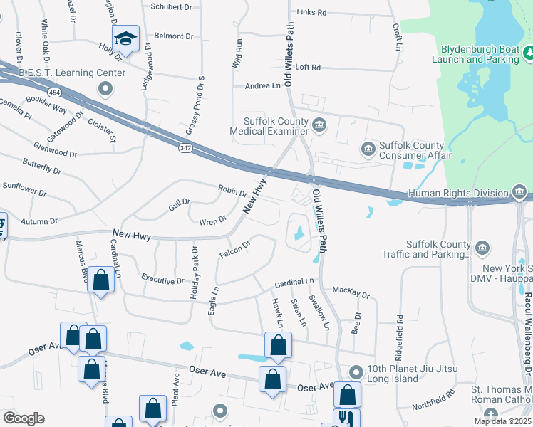 map of restaurants, bars, coffee shops, grocery stores, and more near 550-562 New Highway in Hauppauge