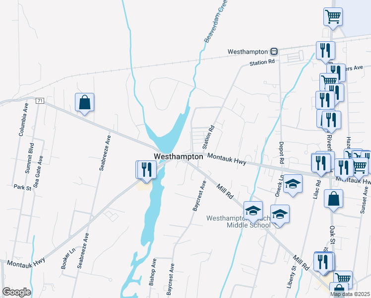map of restaurants, bars, coffee shops, grocery stores, and more near 5 Beaver Lake Court in Westhampton
