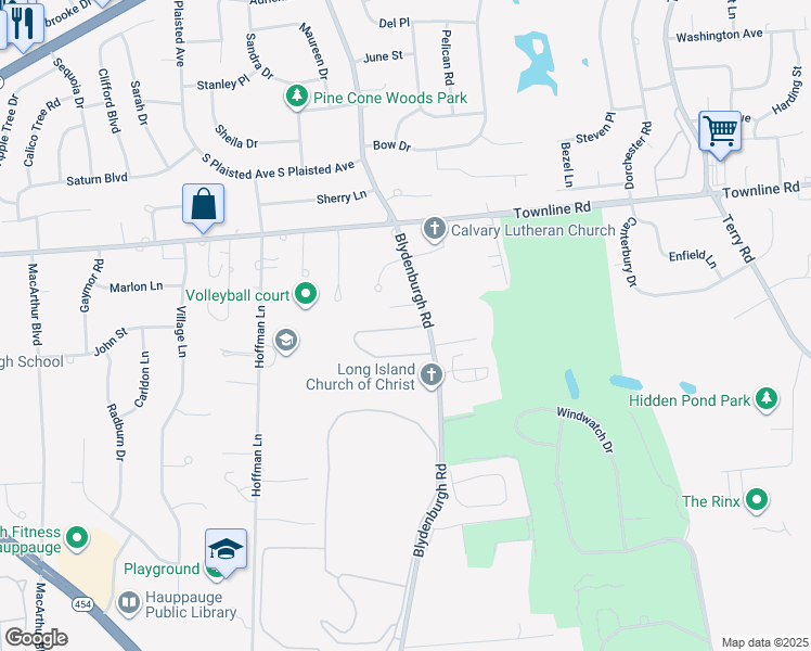 map of restaurants, bars, coffee shops, grocery stores, and more near 16 Blydenburgh Road in Hauppauge