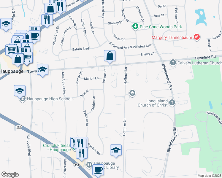 map of restaurants, bars, coffee shops, grocery stores, and more near 39 Arlene Court in Hauppauge
