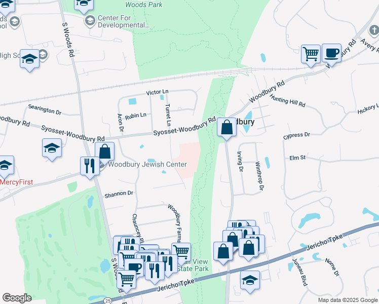 map of restaurants, bars, coffee shops, grocery stores, and more near 378 Syosset-Woodbury Road in Woodbury
