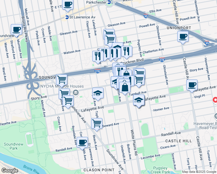 map of restaurants, bars, coffee shops, grocery stores, and more near 910 Thieriot Avenue in Bronx
