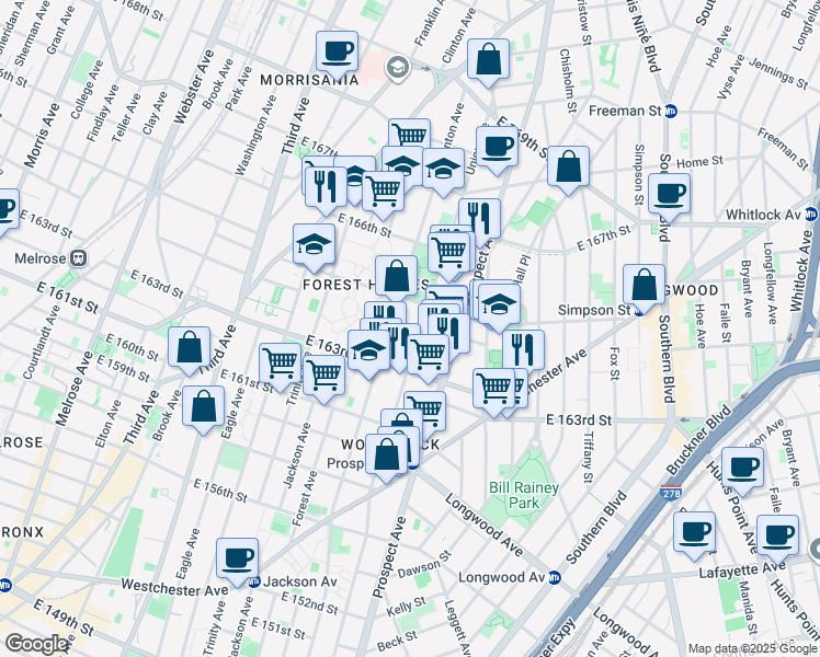 map of restaurants, bars, coffee shops, grocery stores, and more near 1000 Tinton Avenue in Bronx