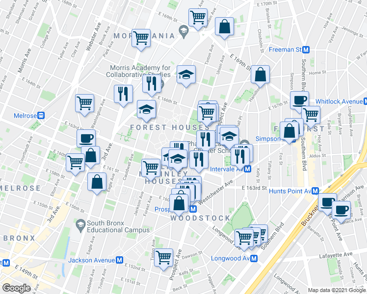 map of restaurants, bars, coffee shops, grocery stores, and more near 1000 Tinton Avenue in Bronx