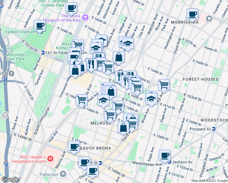 map of restaurants, bars, coffee shops, grocery stores, and more near 361 East 160th Street in Bronx