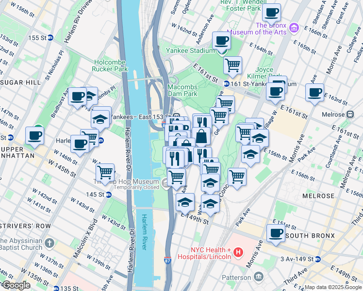 map of restaurants, bars, coffee shops, grocery stores, and more near 700 Exterior Street in The Bronx