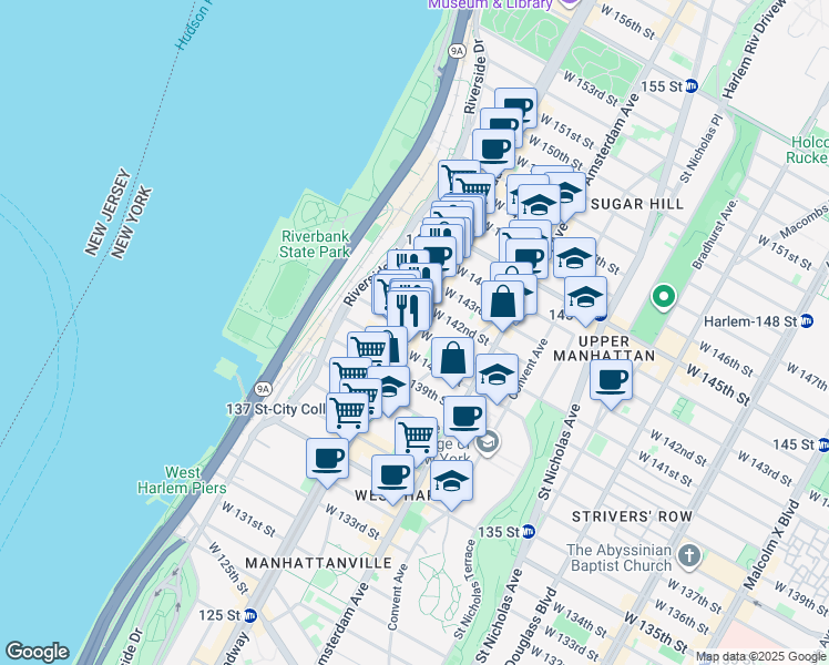 map of restaurants, bars, coffee shops, grocery stores, and more near in New York