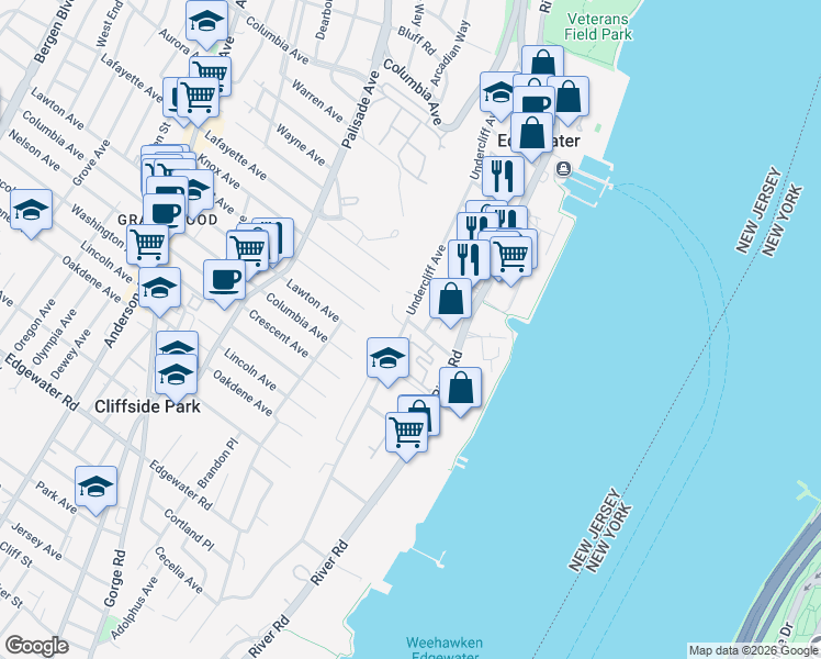 map of restaurants, bars, coffee shops, grocery stores, and more near 12 Edgewater Place in Edgewater