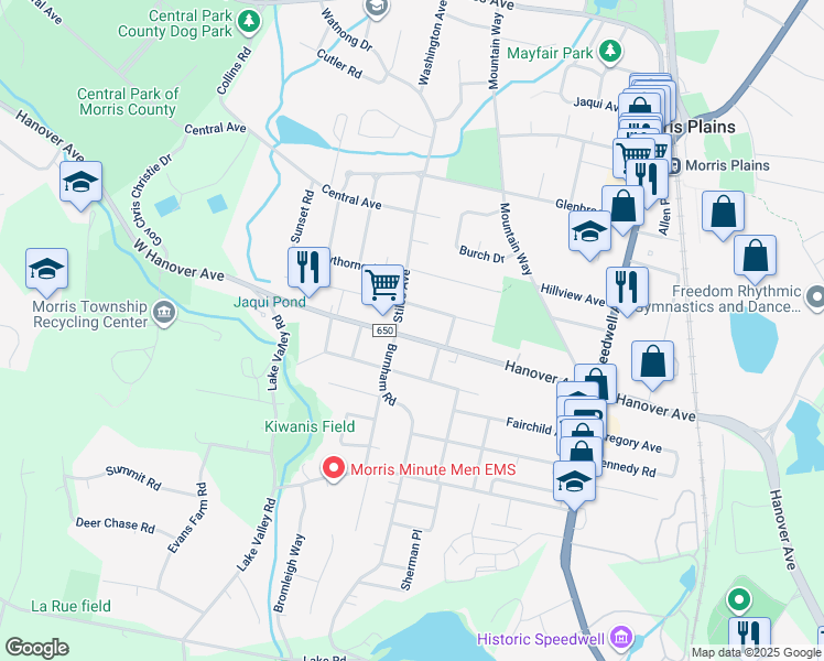 map of restaurants, bars, coffee shops, grocery stores, and more near 7 Stiles Avenue in Morris Plains