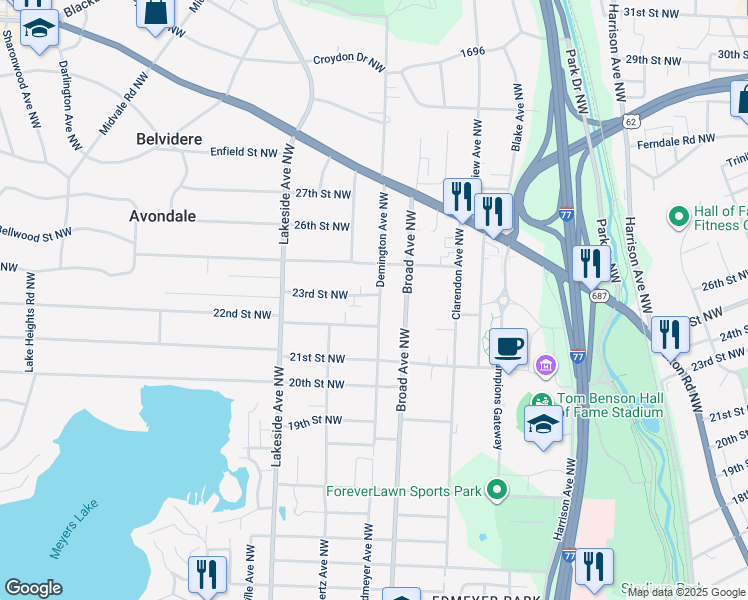 map of restaurants, bars, coffee shops, grocery stores, and more near 2303 Demington Avenue Northwest in Canton