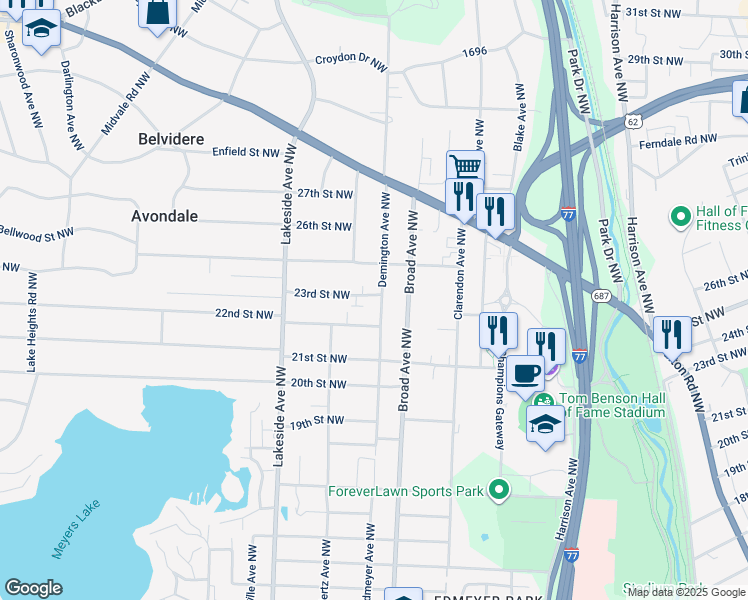 map of restaurants, bars, coffee shops, grocery stores, and more near 2303 Demington Avenue Northwest in Canton