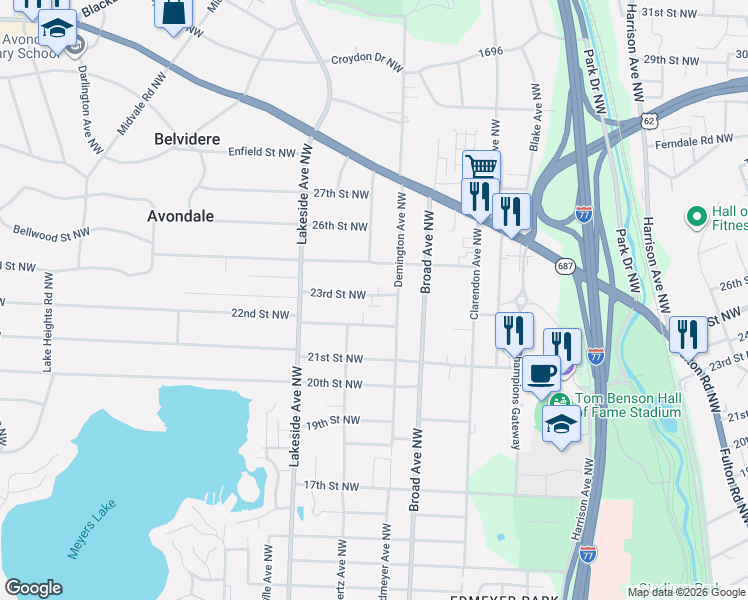 map of restaurants, bars, coffee shops, grocery stores, and more near 3005 23rd Street Northwest in Canton
