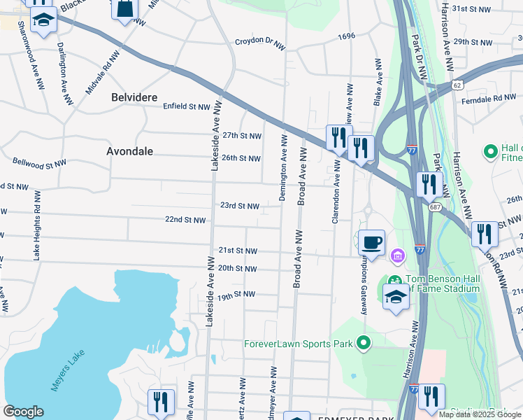 map of restaurants, bars, coffee shops, grocery stores, and more near 3005 23rd Street Northwest in Canton