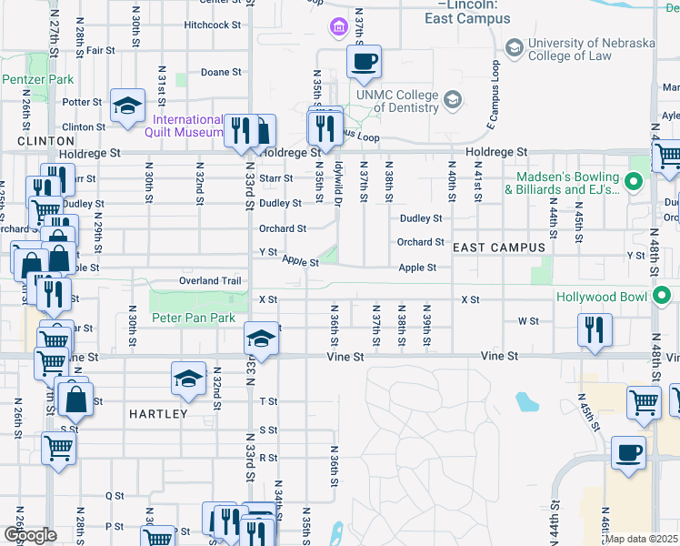 map of restaurants, bars, coffee shops, grocery stores, and more near 3541 Apple Street in Lincoln