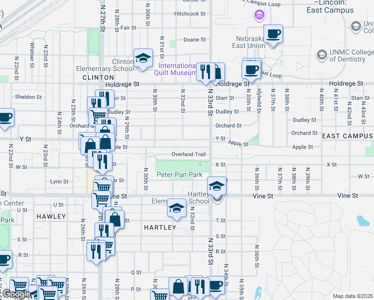 map of restaurants, bars, coffee shops, grocery stores, and more near 3146 Apple Street in Lincoln