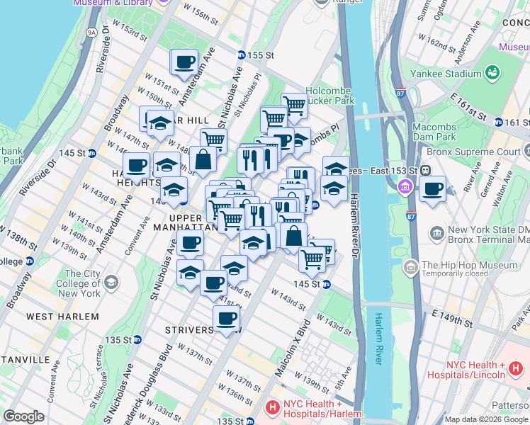 map of restaurants, bars, coffee shops, grocery stores, and more near 250 West 147th Street in New York