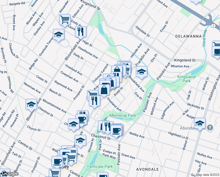 map of restaurants, bars, coffee shops, grocery stores, and more near 517 Franklin Avenue in Nutley