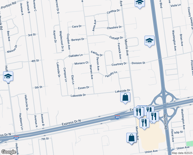 map of restaurants, bars, coffee shops, grocery stores, and more near 2 Iris Avenue in Farmingville