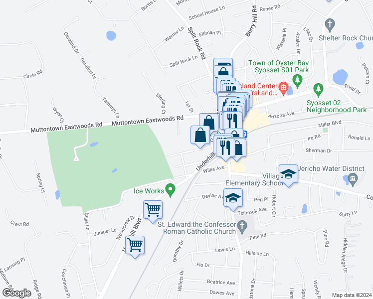 map of restaurants, bars, coffee shops, grocery stores, and more near 54 Roosevelt Avenue in Syosset