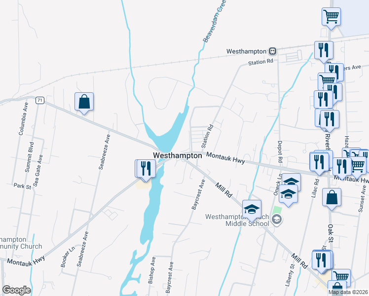 map of restaurants, bars, coffee shops, grocery stores, and more near 5 Beaver Lake Court in Westhampton