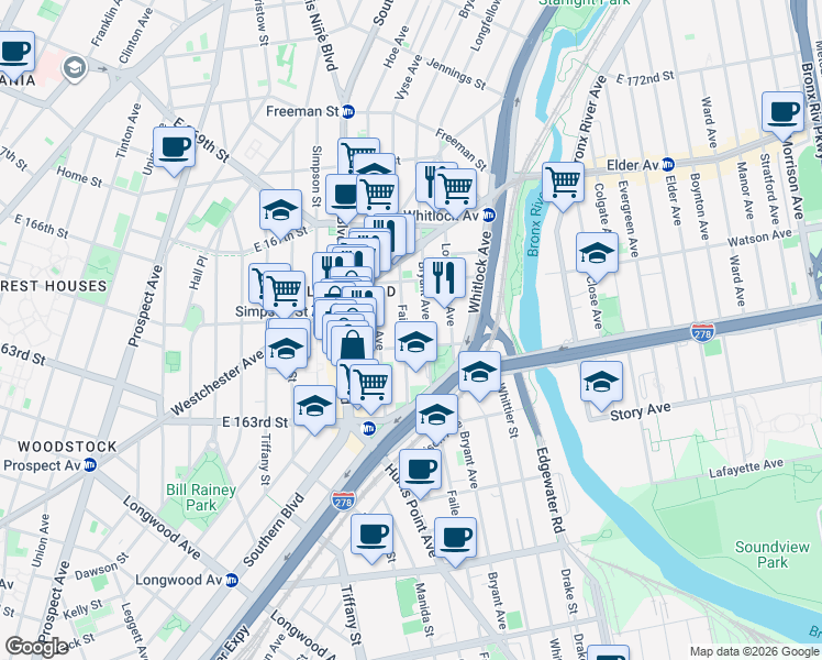 map of restaurants, bars, coffee shops, grocery stores, and more near 1020 Bryant Avenue in Bronx
