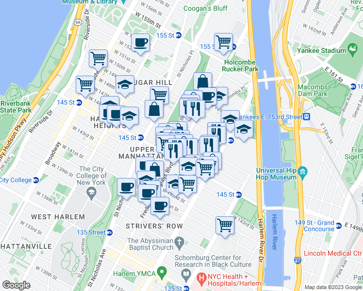 map of restaurants, bars, coffee shops, grocery stores, and more near 2762 Frederick Douglass Boulevard in New York