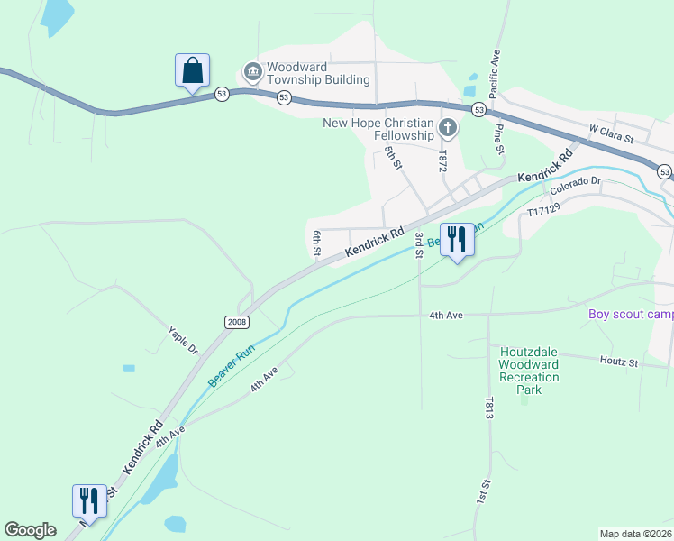map of restaurants, bars, coffee shops, grocery stores, and more near 786 Kendrick Road in Houtzdale