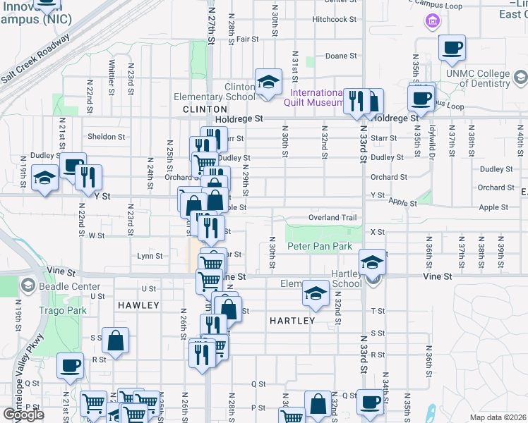 map of restaurants, bars, coffee shops, grocery stores, and more near 2918 Apple Street in Lincoln