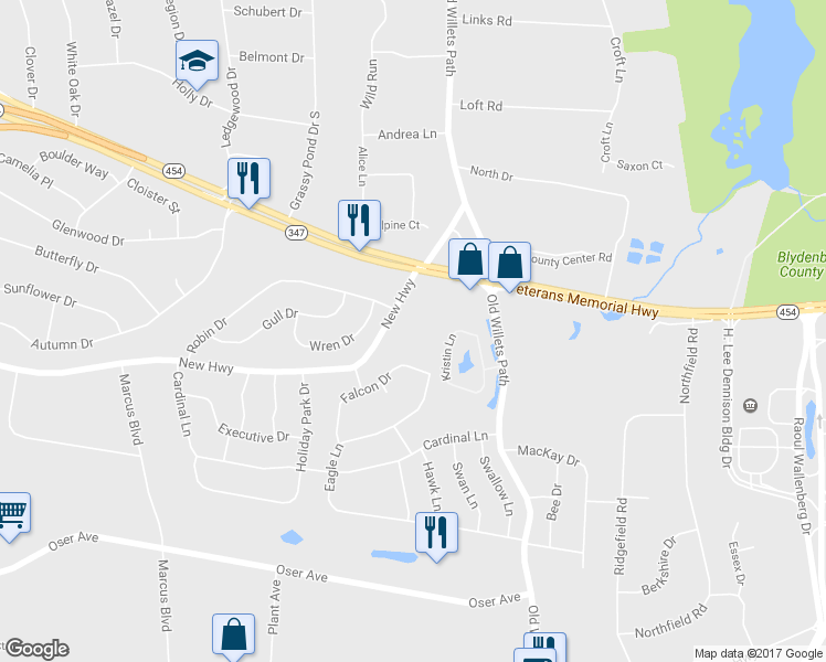 map of restaurants, bars, coffee shops, grocery stores, and more near 550562 New Highway in Hauppauge