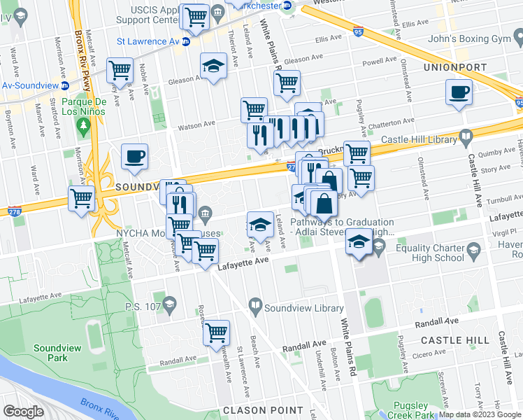 map of restaurants, bars, coffee shops, grocery stores, and more near 900 Thieriot Avenue in Bronx