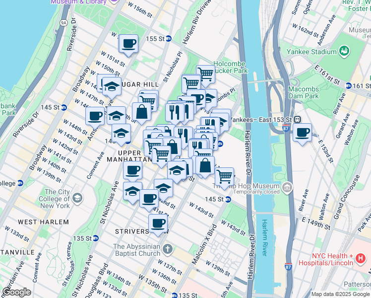 map of restaurants, bars, coffee shops, grocery stores, and more near 273 West 147th Street in New York