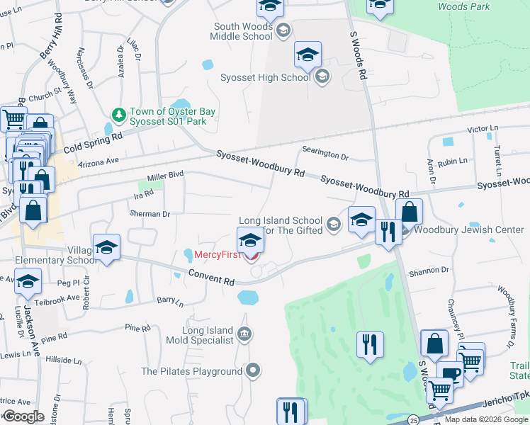 map of restaurants, bars, coffee shops, grocery stores, and more near 22 Jerome Road in Syosset