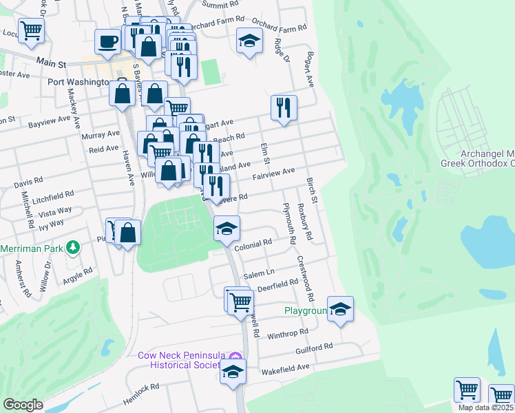 map of restaurants, bars, coffee shops, grocery stores, and more near 31 Revere Road in Port Washington