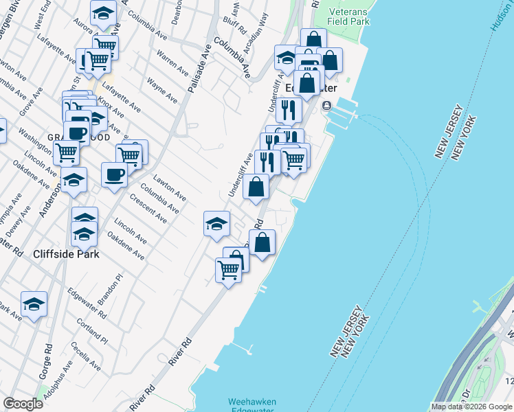 map of restaurants, bars, coffee shops, grocery stores, and more near 840 River Road in Edgewater