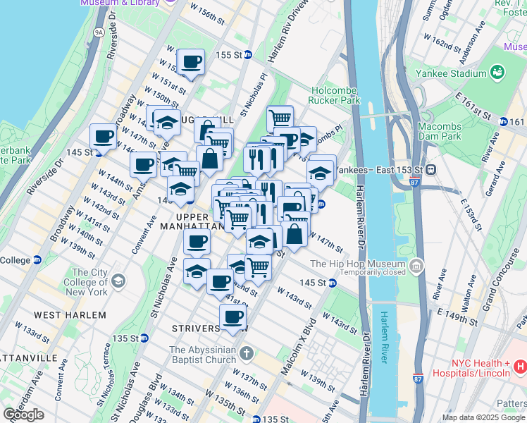 map of restaurants, bars, coffee shops, grocery stores, and more near 290 West 147th Street in New York