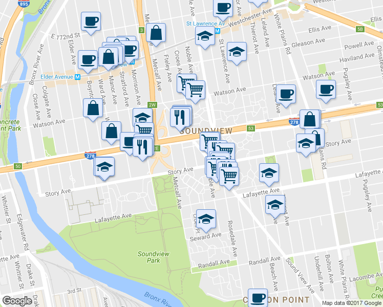 map of restaurants, bars, coffee shops, grocery stores, and more near 941 Croes Avenue in Bronx