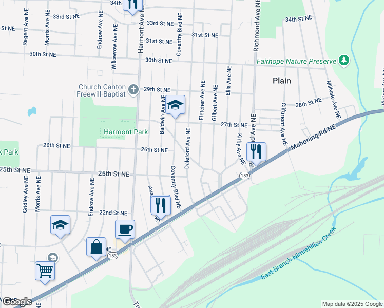 map of restaurants, bars, coffee shops, grocery stores, and more near 3709 Fairmount Boulevard Northeast in Canton