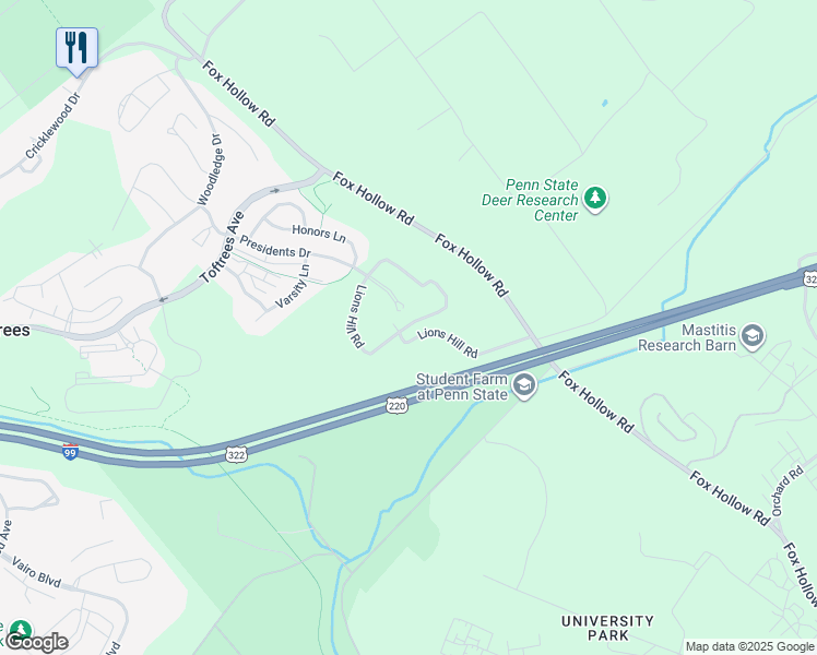 map of restaurants, bars, coffee shops, grocery stores, and more near 260 Lions Hill Road in State College