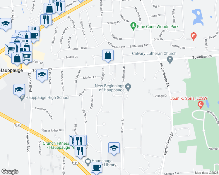 map of restaurants, bars, coffee shops, grocery stores, and more near 39 Arlene Court in Hauppauge