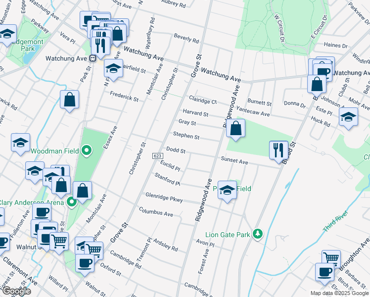 map of restaurants, bars, coffee shops, grocery stores, and more near 32 Dodd Street in Montclair