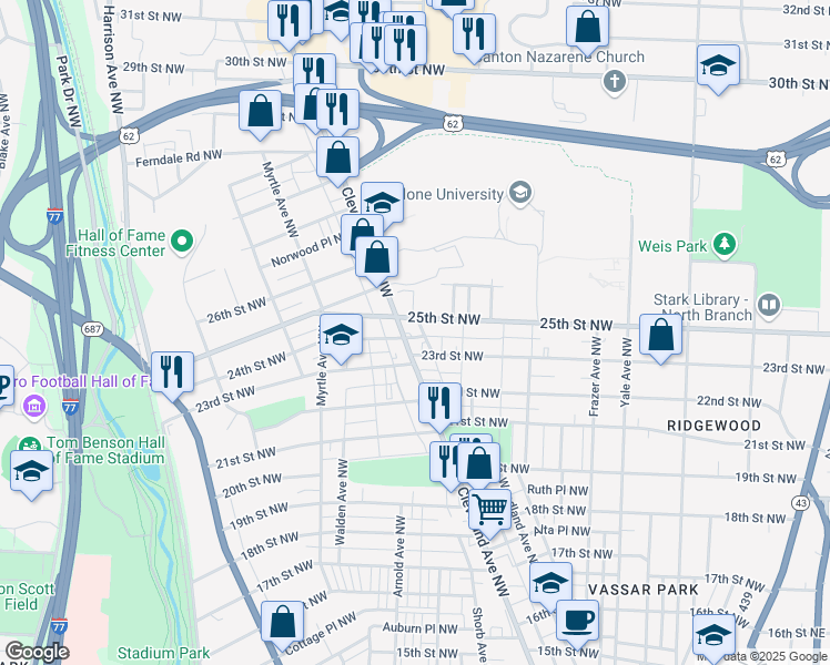 map of restaurants, bars, coffee shops, grocery stores, and more near 2400 Cleveland Avenue Northwest in Canton